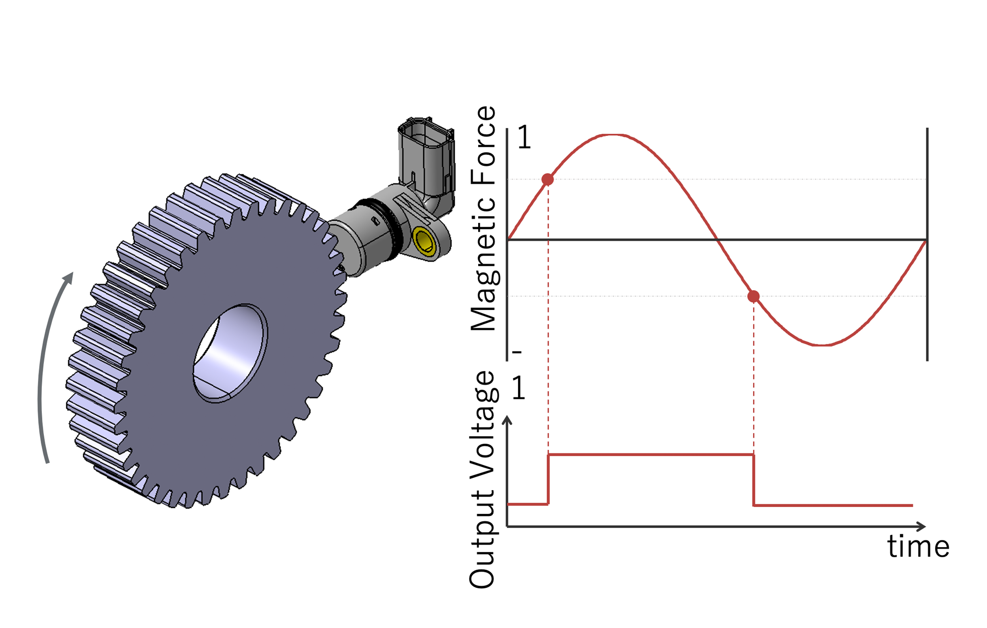 The sensor detects the strength of the magnetic force that changes with the movement of the magnetic material and outputs the corresponding pulse.