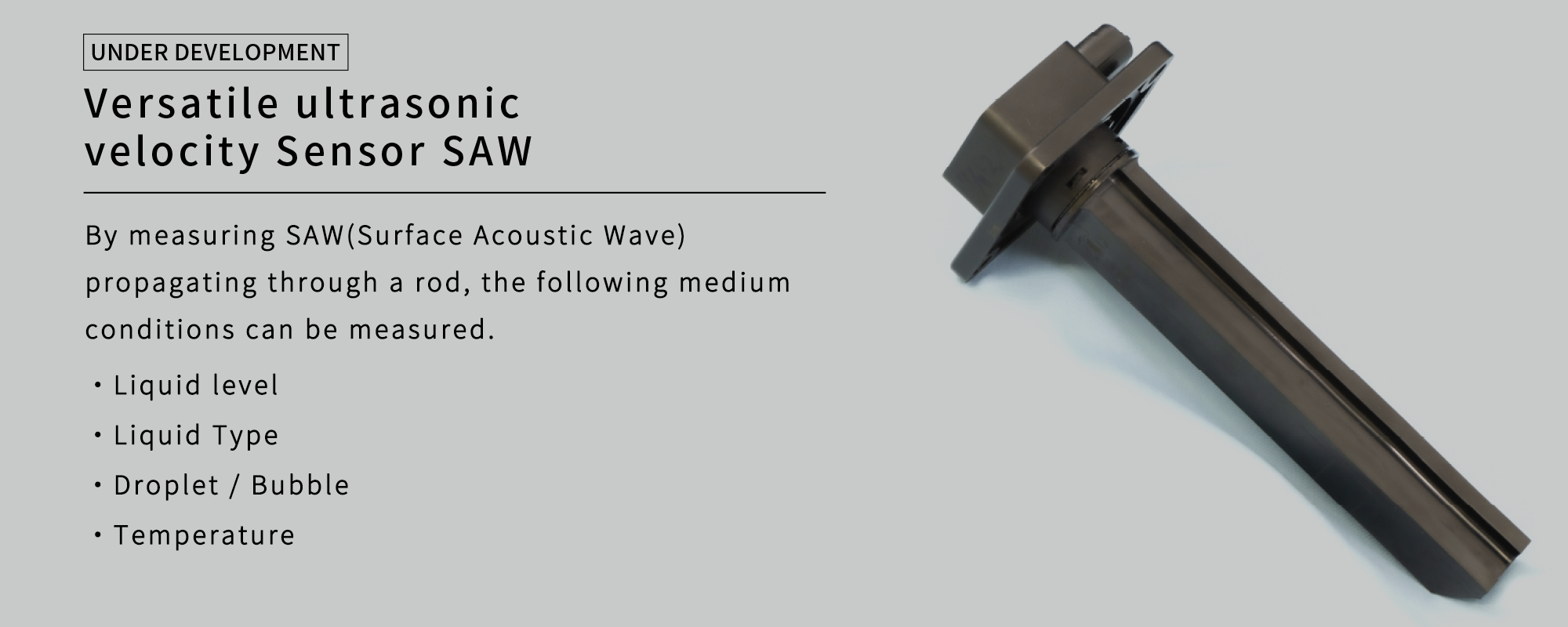 Versatile ultrasonic velocity Sensor|By measuring SAW(Surface Acoustic Wave) propagating through a rod, the following medium conditions can be measured.・Liquid level・Liquid Type・Droplet/Bubble・Temperature